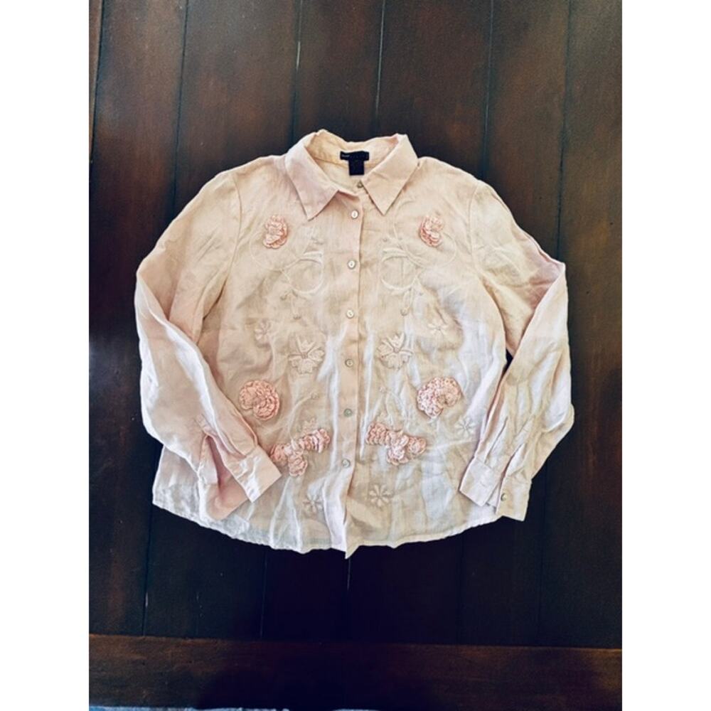 Grace Elements Women’s 1X Pink 100% Linen Blouse Embroidered Floral Button Front